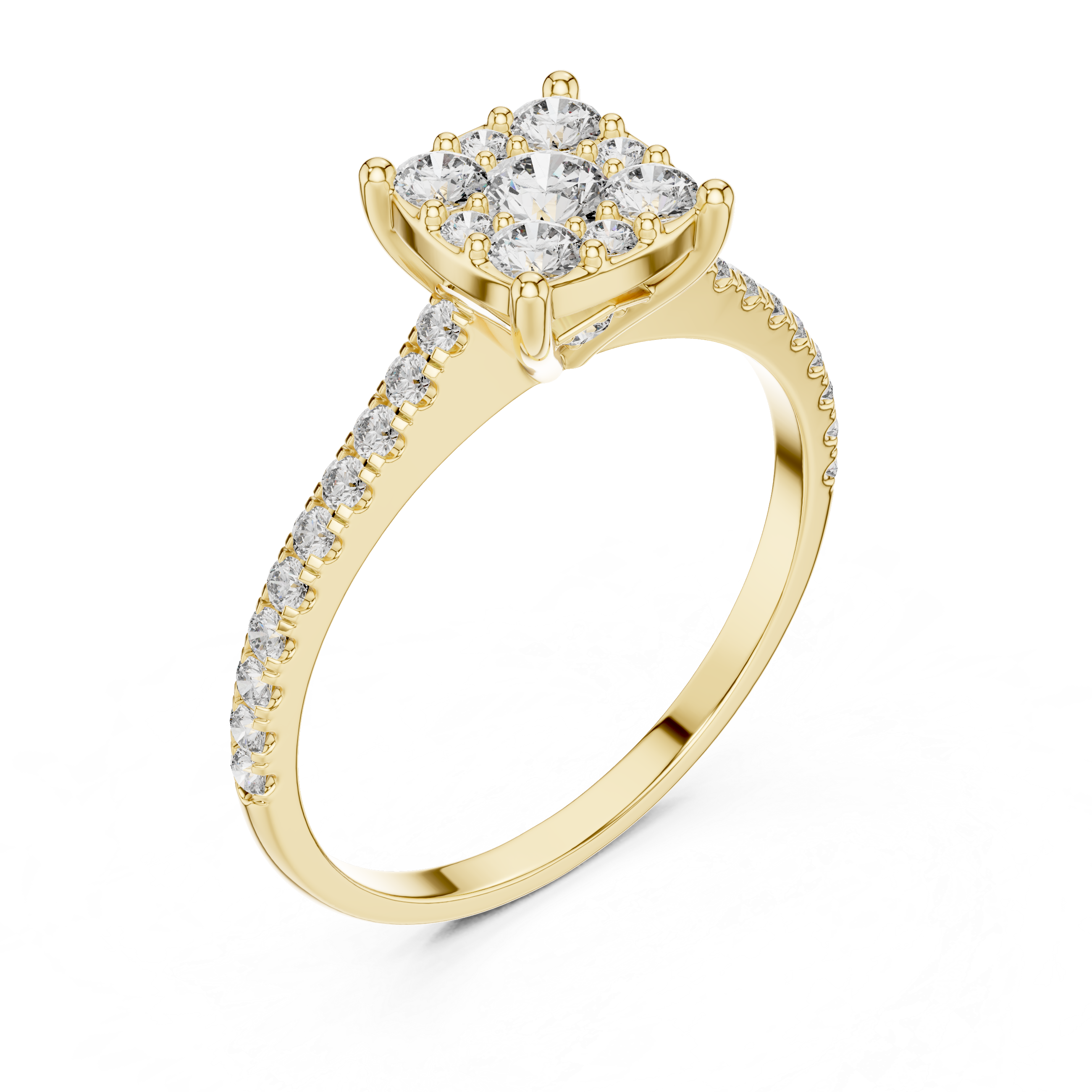 Gold ring with diamond accents on a white background